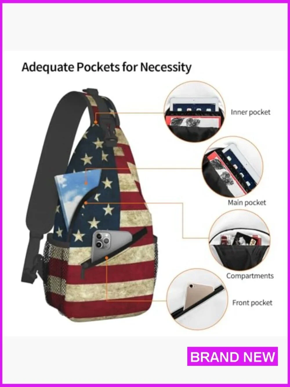 Vintage USA Flag Sling Crossbody Backpack Adjustable Strap Travel Daypack Casual